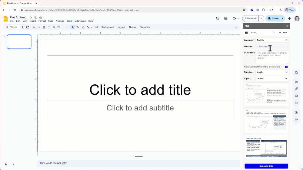 Plus AI demo - generating slides in Google Slides