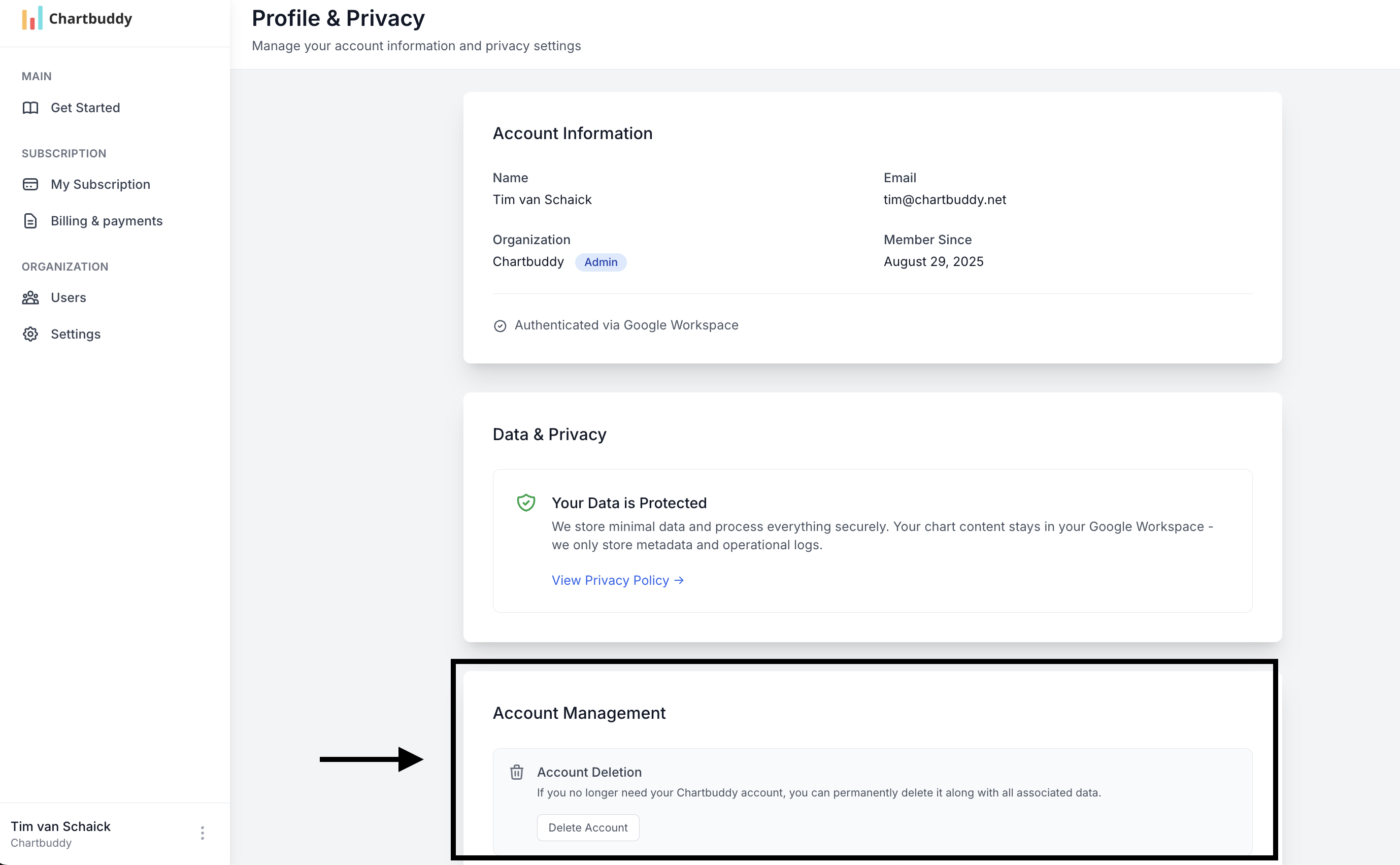 Account deletion section in profile settings