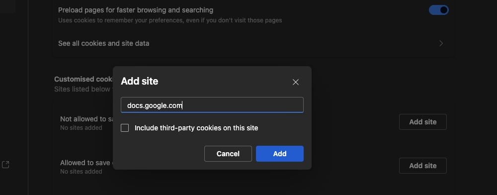Add site dialog with docs.google.com entered